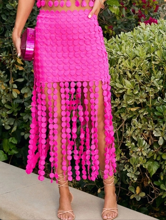 Fore Dresses & Skirts - Vibrant Fuchsia Fringe Midi Skirt